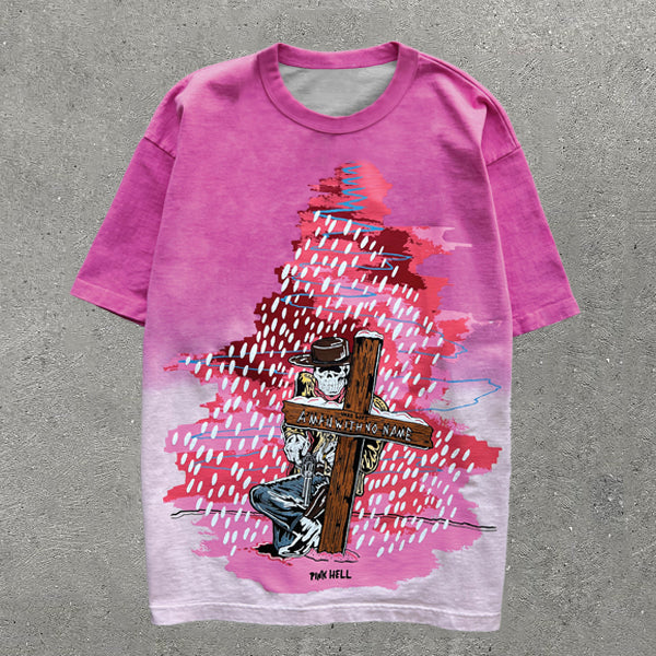 Casual Cross & Skull Gradient Print T-Shirt
