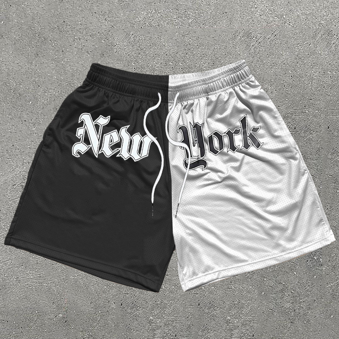 New York Print Stitching Mesh Shorts