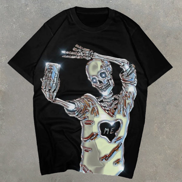 Casual Skull Selfie Print Short Sleeve T-Shirt