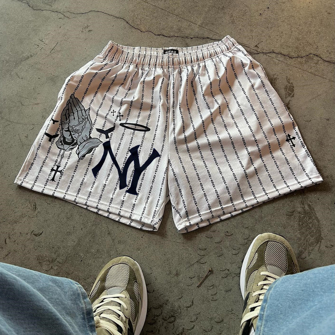 Praying Hands & Cross Print Mesh Shorts