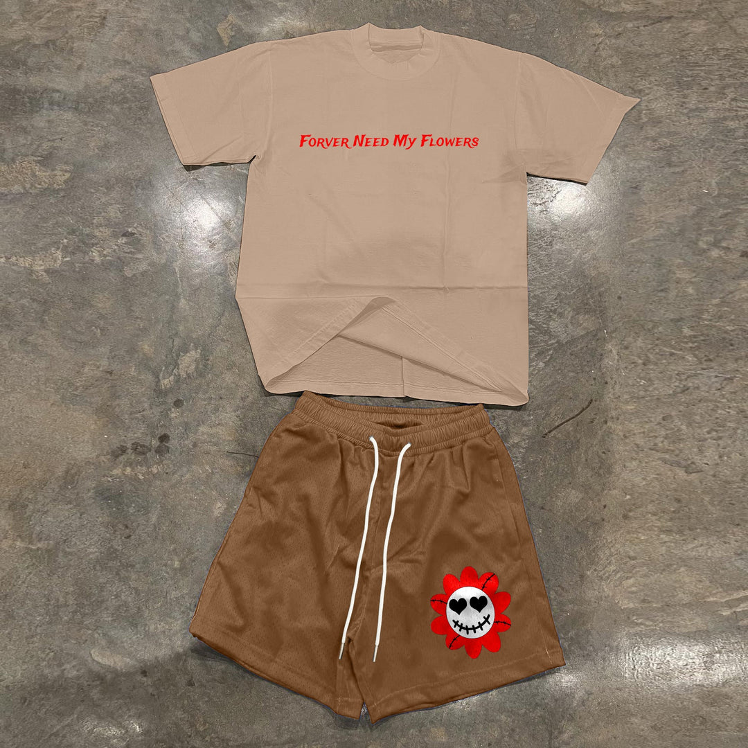 Relaxed letter-print varsity track shorts set
