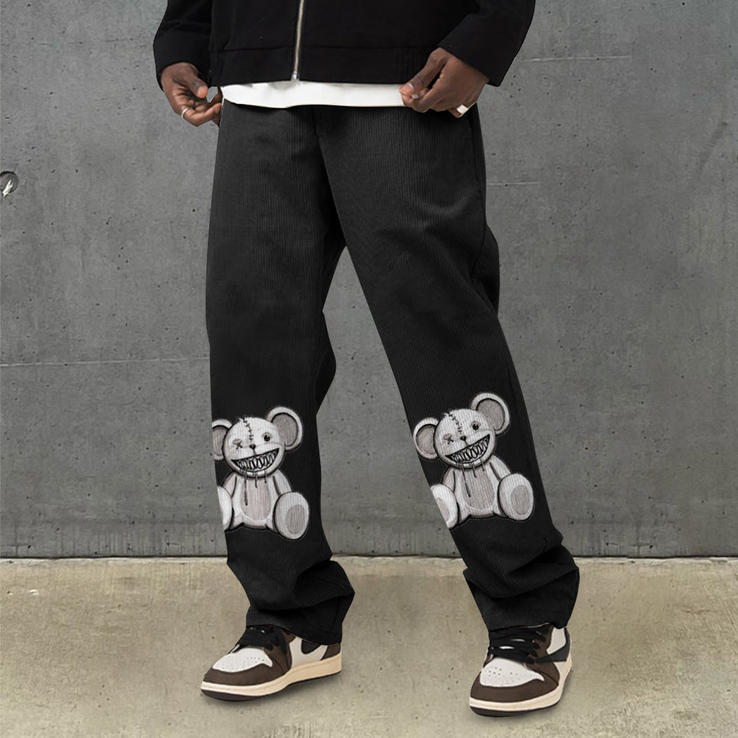 Fashion bear print corduroy street trousers
