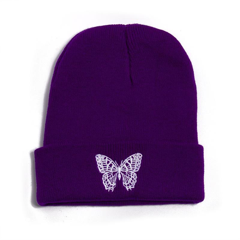 Butterfly print knit hat pullover cap go out warm woolen cap