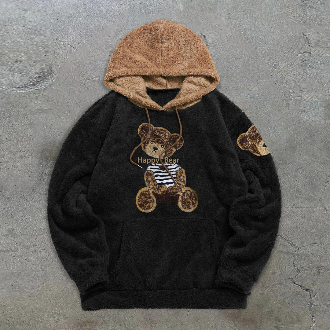 Trendy Retro Bear Print Plush Hoodie