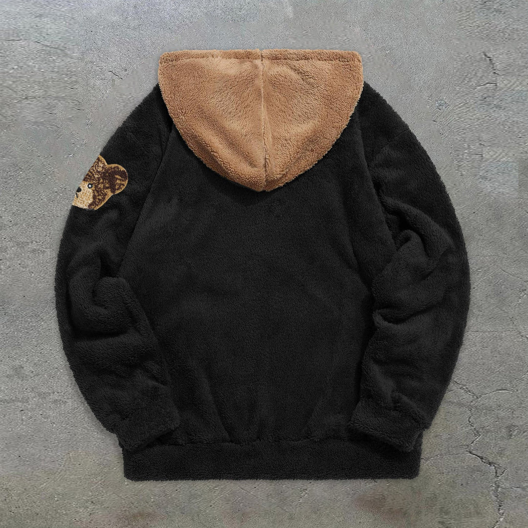 Trendy Retro Bear Print Plush Hoodie