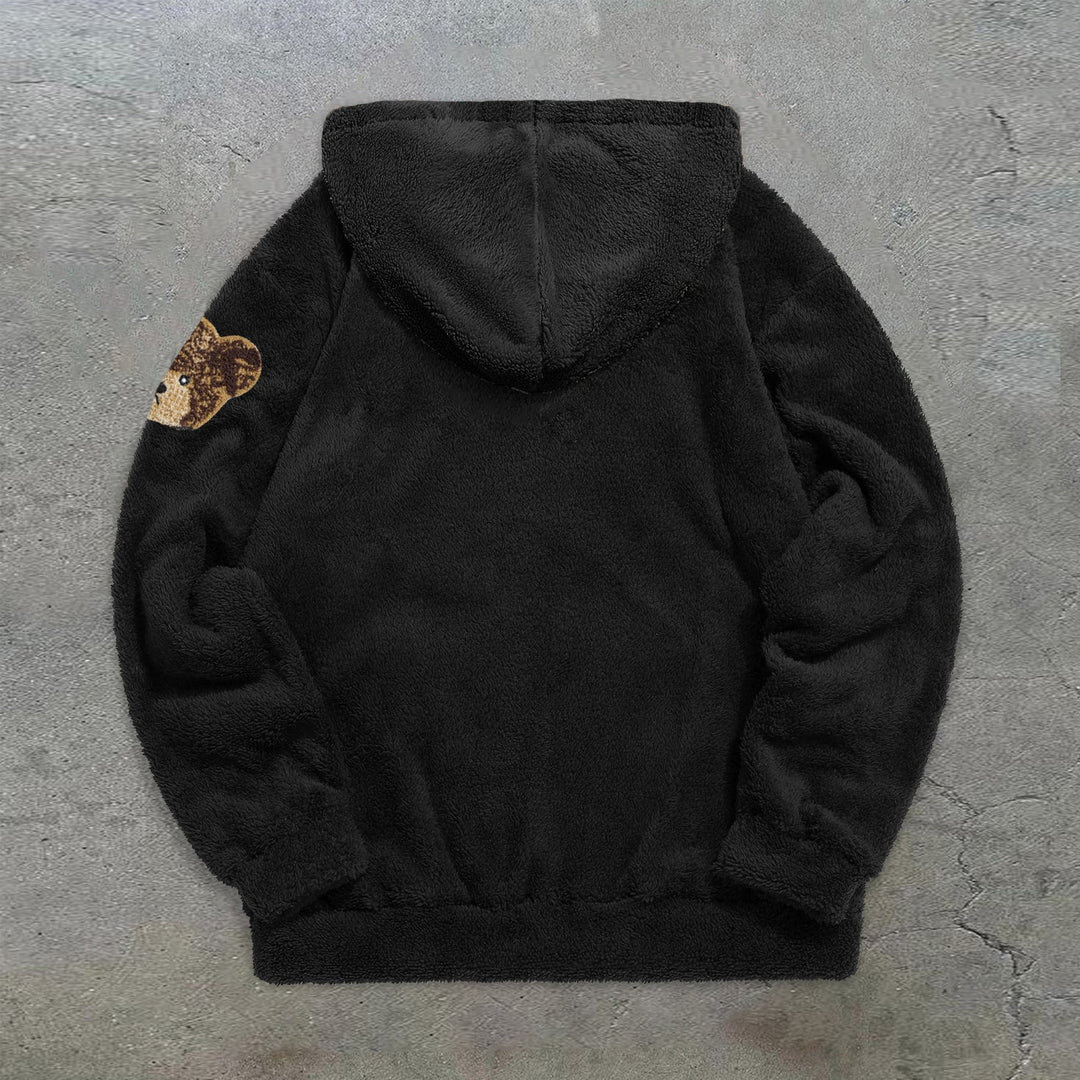 Trendy Retro Bear Print Plush Hoodie