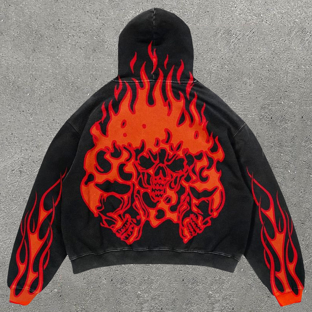 Skull Flame Print Long Sleeve Hoodie