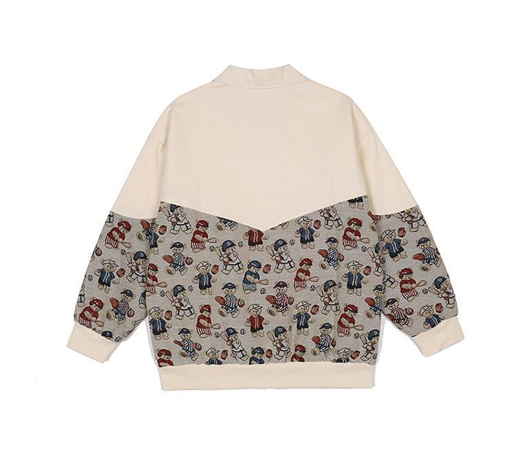 Retro cartoon bear embroidered stitching baseball uniform oversize jacket