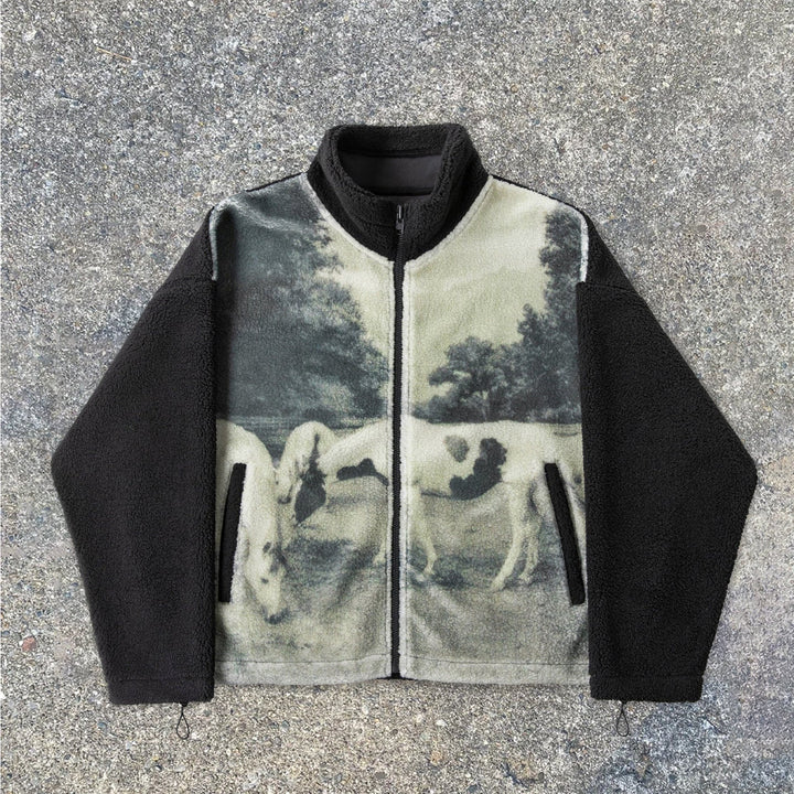 Statement Vintage Print Turtleneck Fleece Jackets