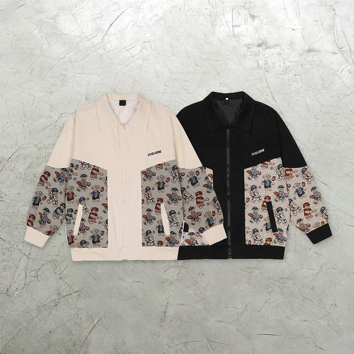 Retro cartoon bear embroidered stitching baseball uniform oversize jacket