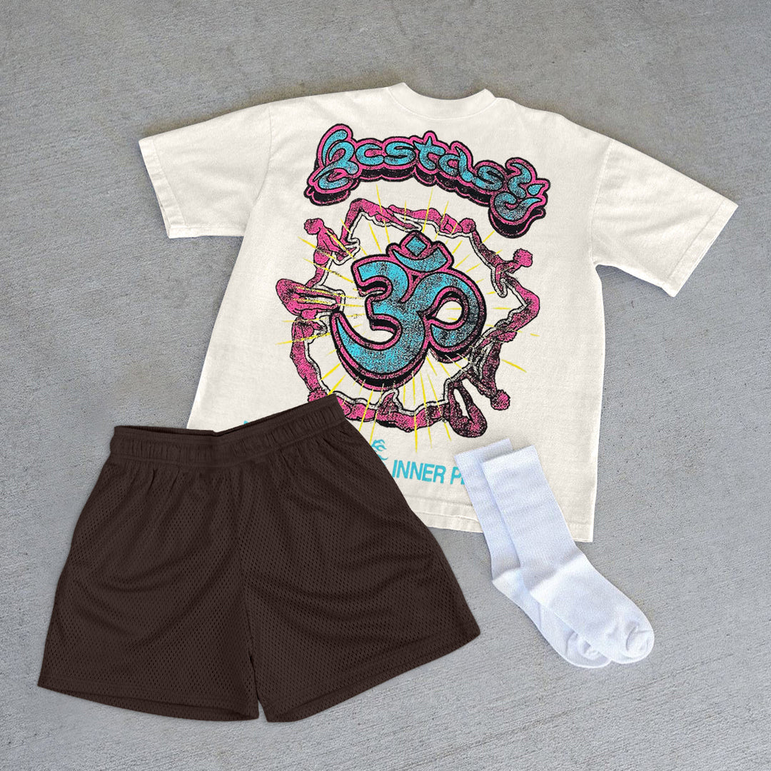 Casual personality retro T-shirt print shorts suit