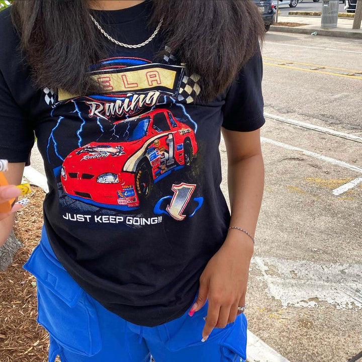 Trendy preppy racing print short-sleeve T-shirt