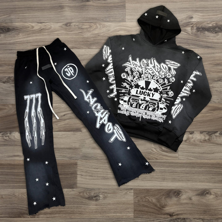 Casual Street Wash Sports Micro Flared Trousers Hoodie Two-Piece Suit