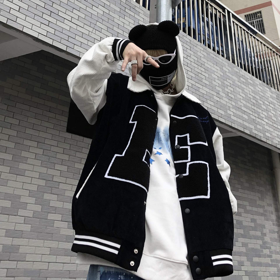 Letter embroidered corduroy couple baseball jacket