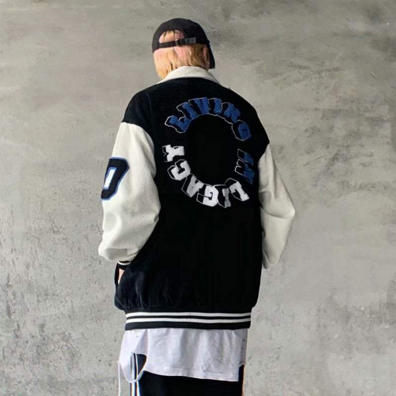 Letter embroidered corduroy couple baseball jacket