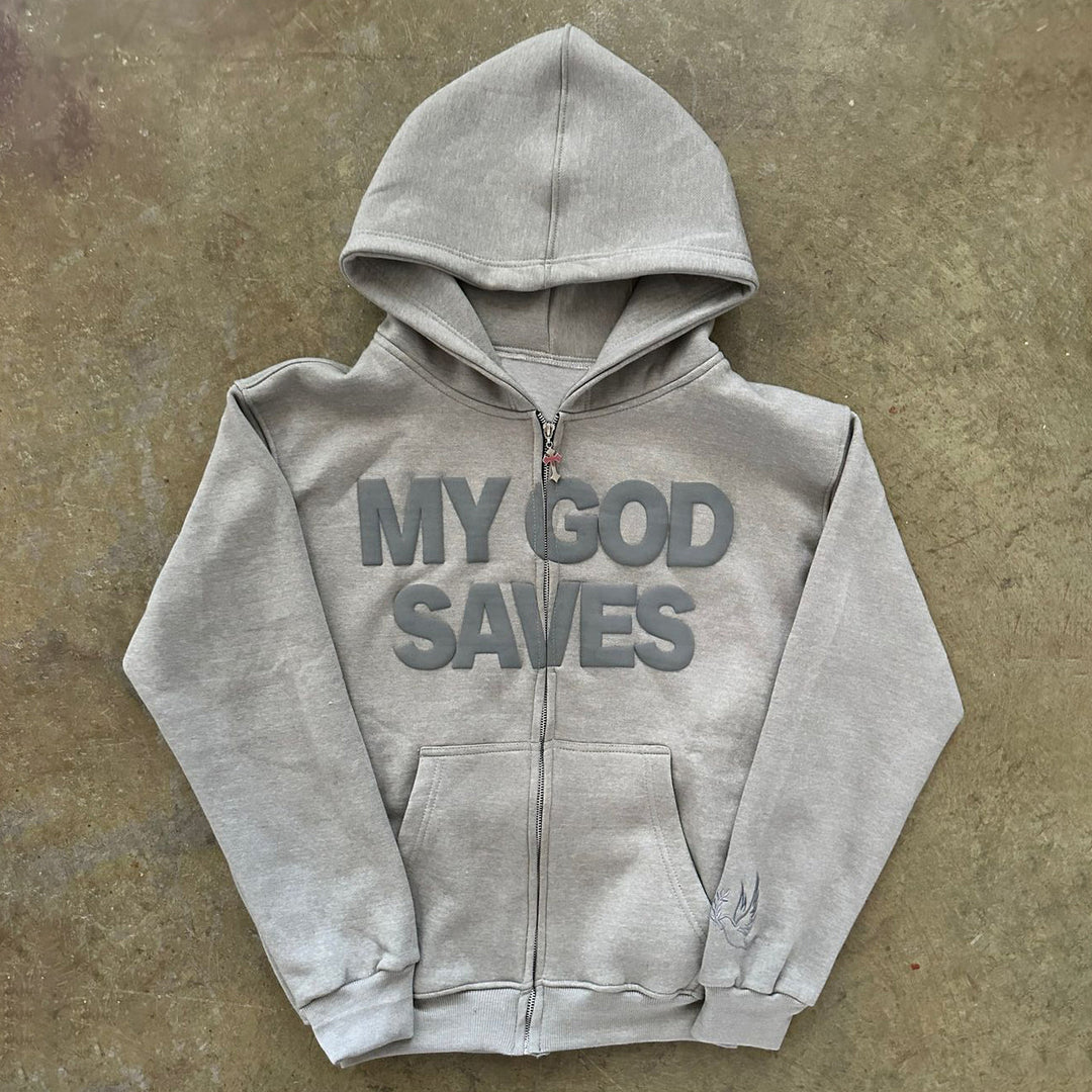 My God Saves Print Long Sleeve Zipper Hoodies