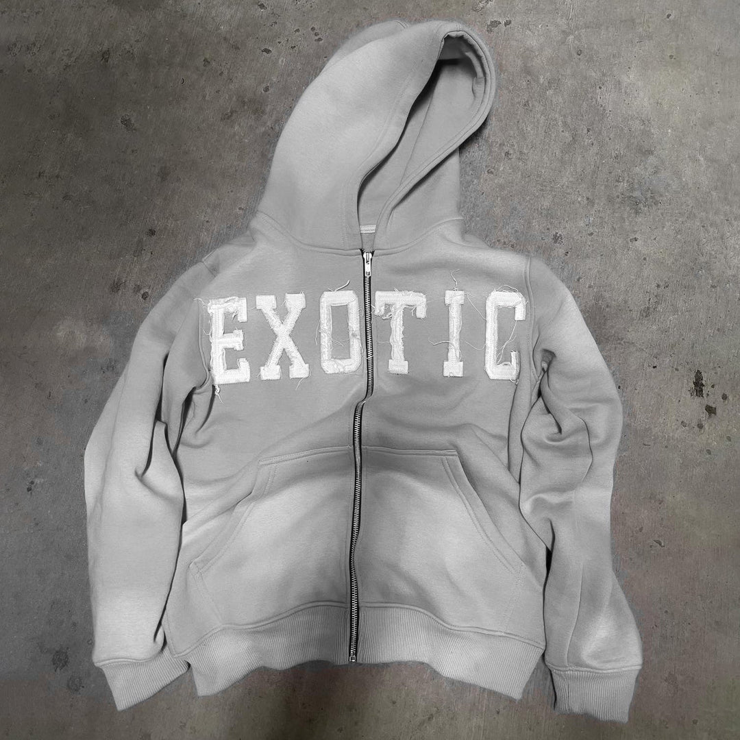 Exotic Print Long Sleeve Zipper Applique Embroidered Hoodies