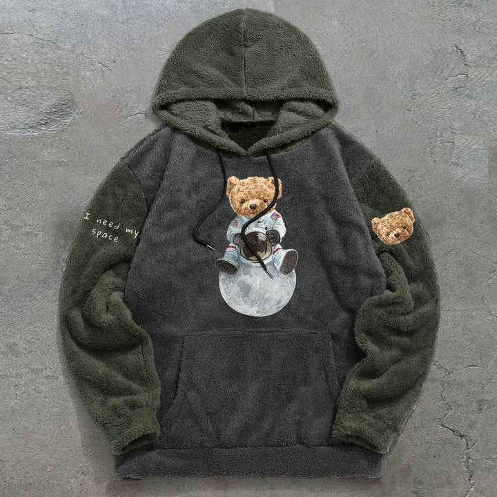 Astronaut Bear Colorblock Retro Plush Hoodie